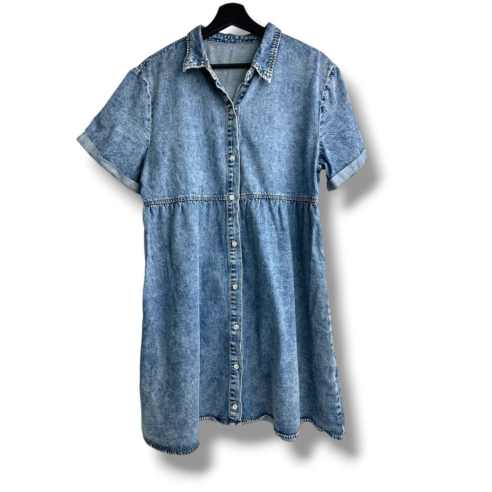 Acid Wash Denim Tiered Babydoll Mini Dress Light Blue Button Front‎ L